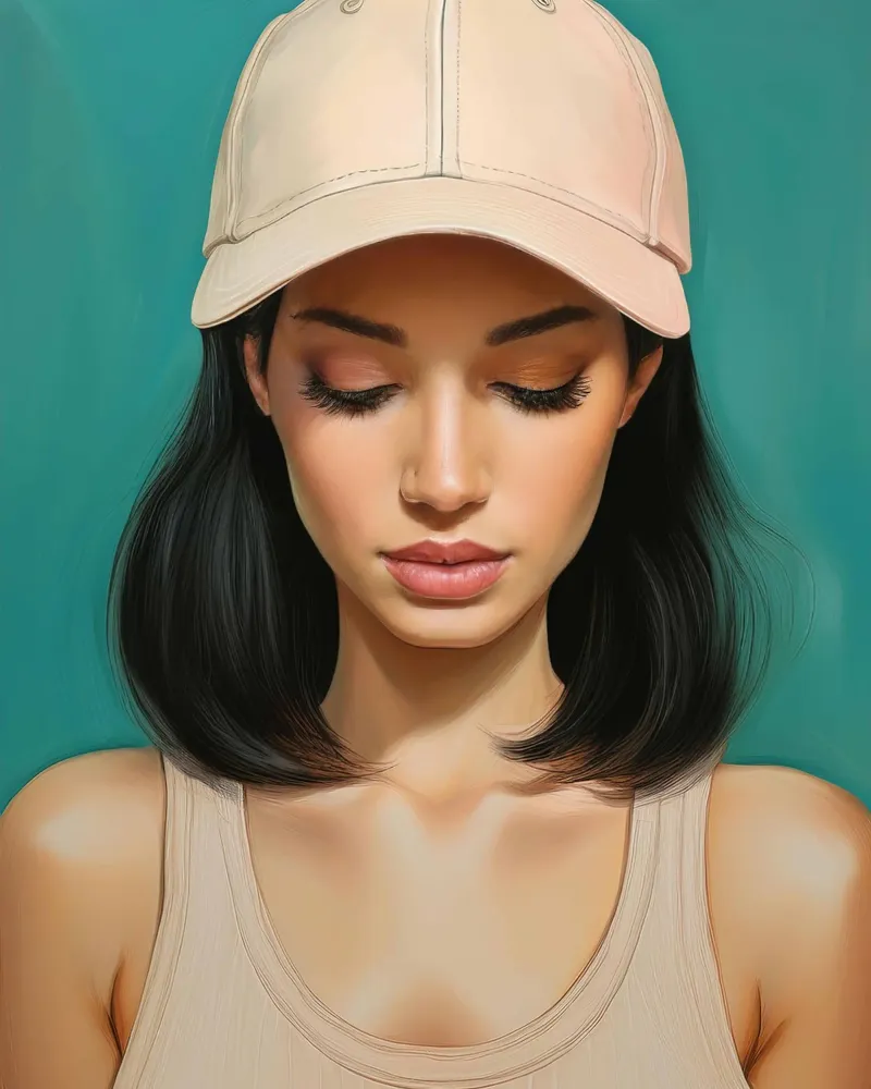 Ritratto di donna moderna con cappellino da baseball in colori tenui pellicola backlit da Take Your Art BV
