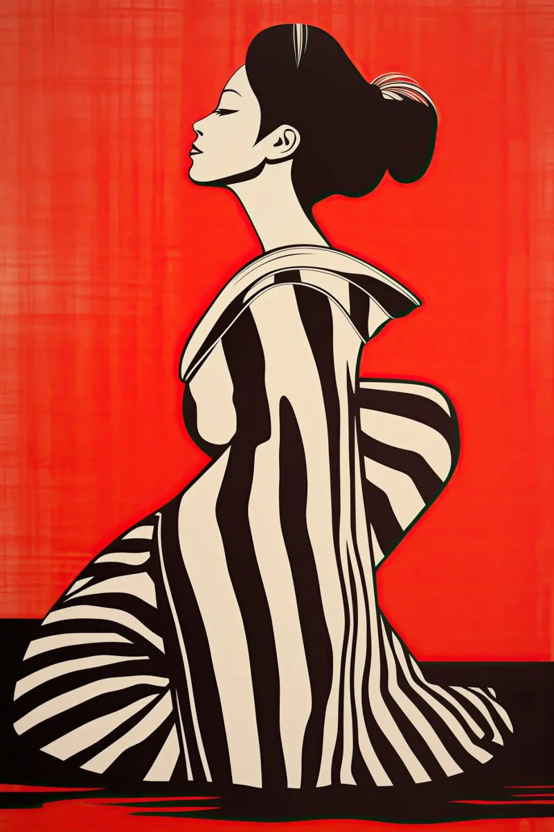 Geisha giapponese rossa e nera con kimono a righe plexiglass da Autofocus