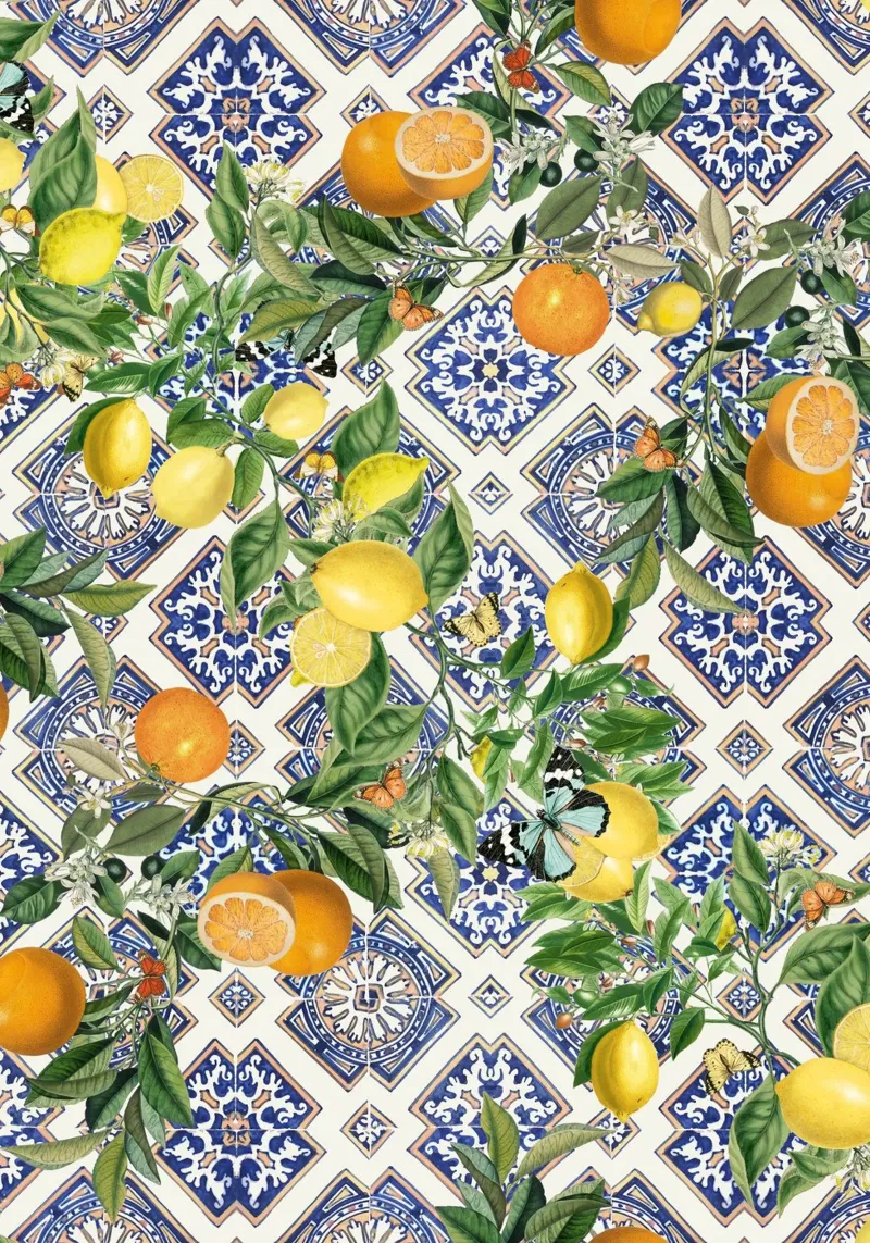 Limoni, agrumi e piastrelle blu pellicola backlit da Bloomery Decor