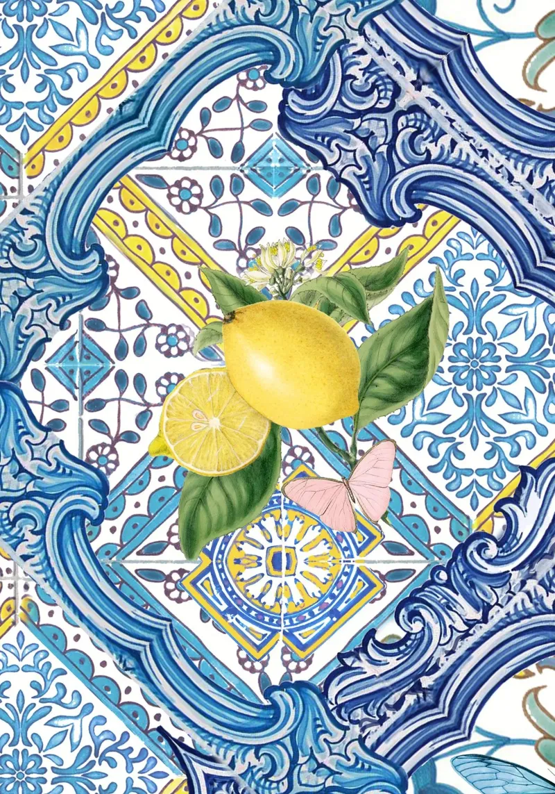 Limone, agrumi e farfalle su piastrelle blu mediterranee pellicola backlit da Bloomery Decor