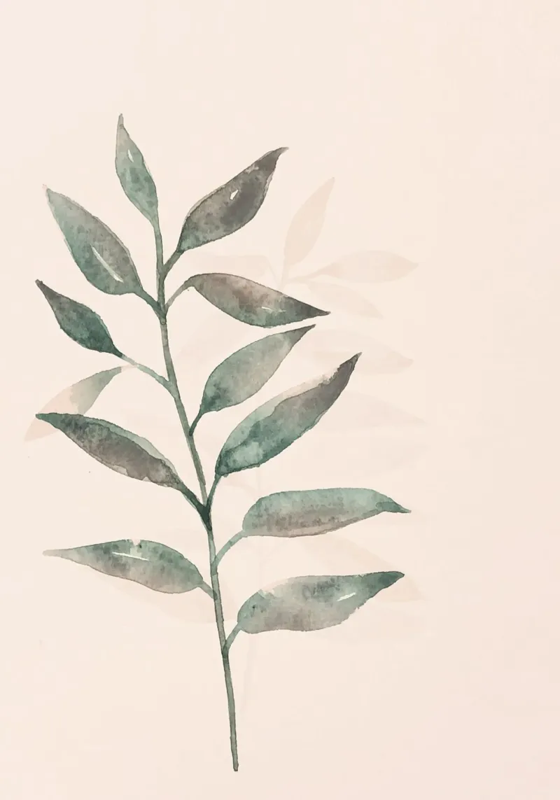 Foglie dipinte a mano ad acquerello nei colori salvia e rosa tenue carta hahnemühle da Bloomery Decor