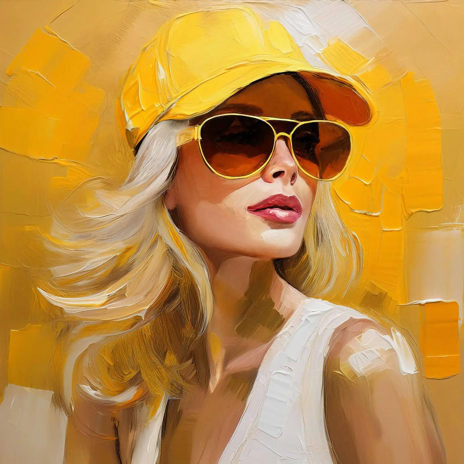 Woman with baseball cap yellow poster by Take Your Art BV