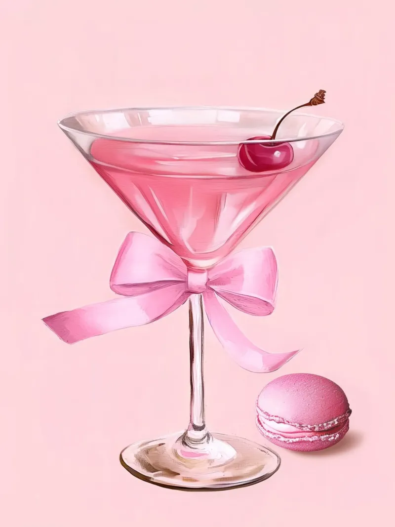 Pink Martini Pink Bows Cherry Cocktail Macron Preppy Y2K poster with plastic frame by Gentle Echoes Art