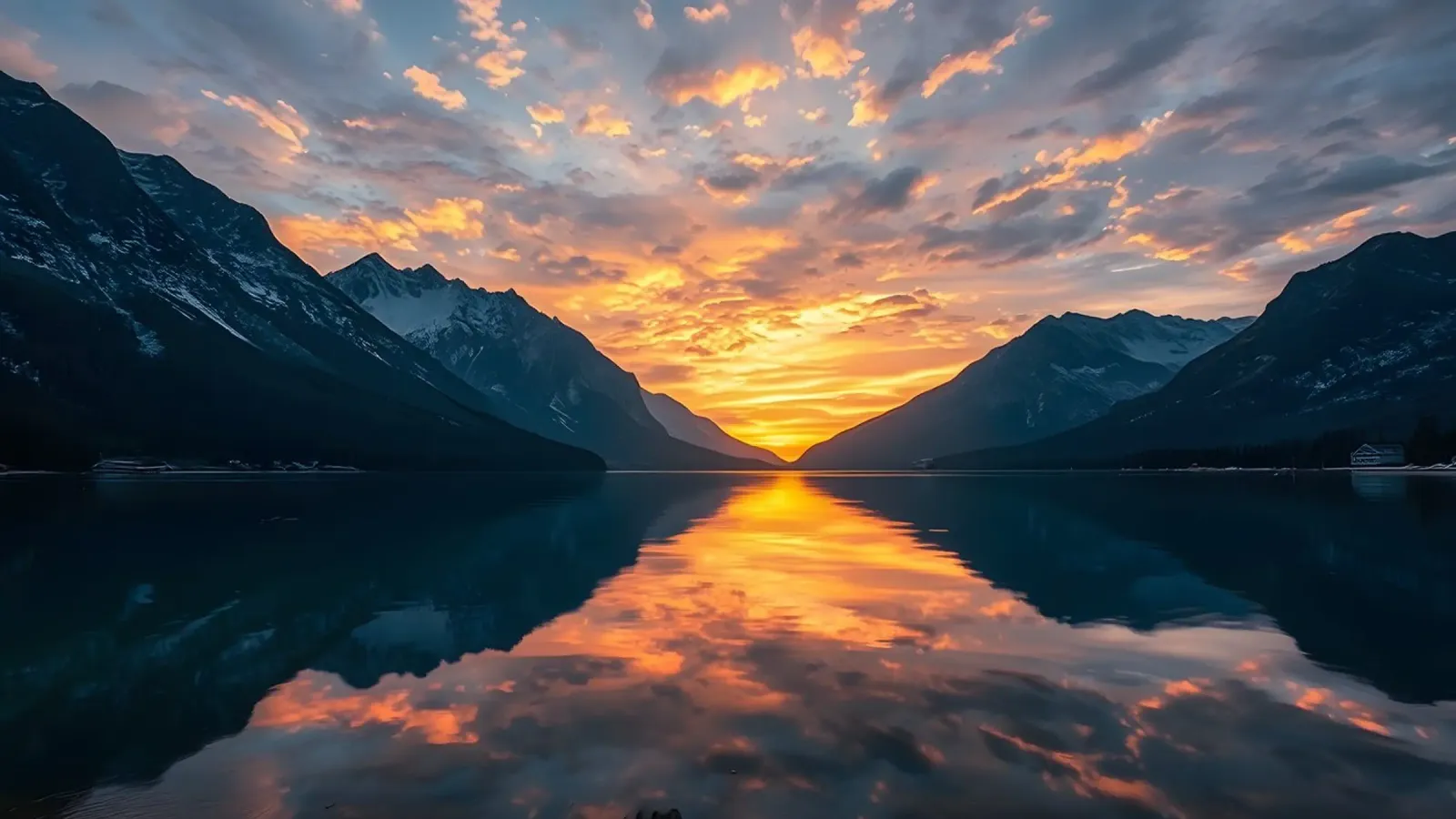 Sunset reflects on calm lake with mountains hahnemühle by DesignDoodle