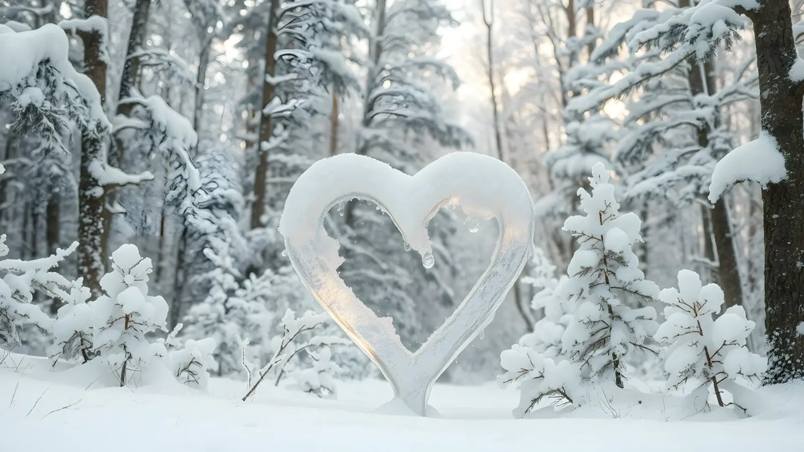 La foresta invernale innevata presenta una formazione di neve a forma di cuore plexiglass da DesignDoodle
