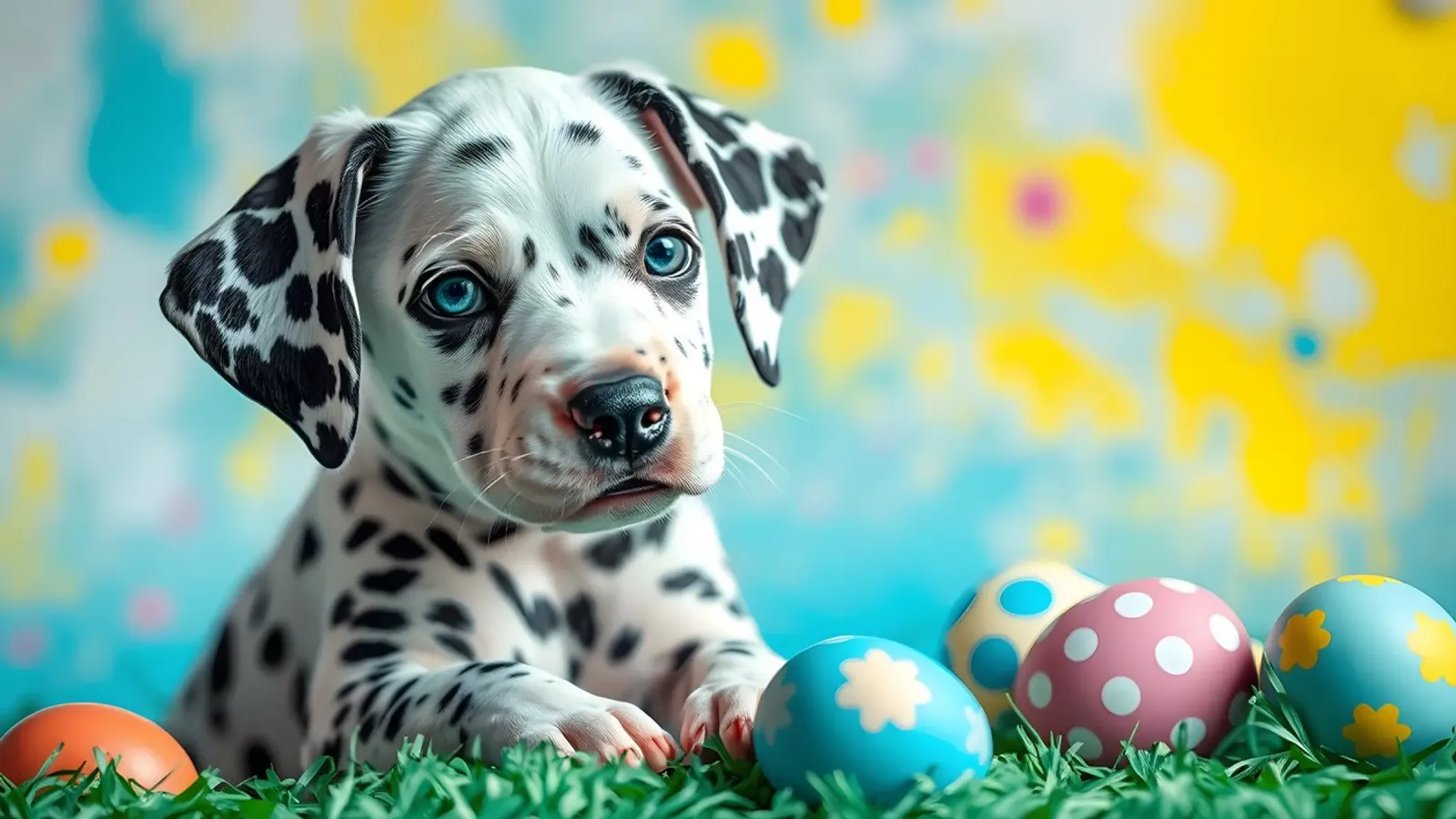 Cucciolo di dalmata esplora le colorate uova di Pasqua tela con Cornice a cassetta da DesignDoodle