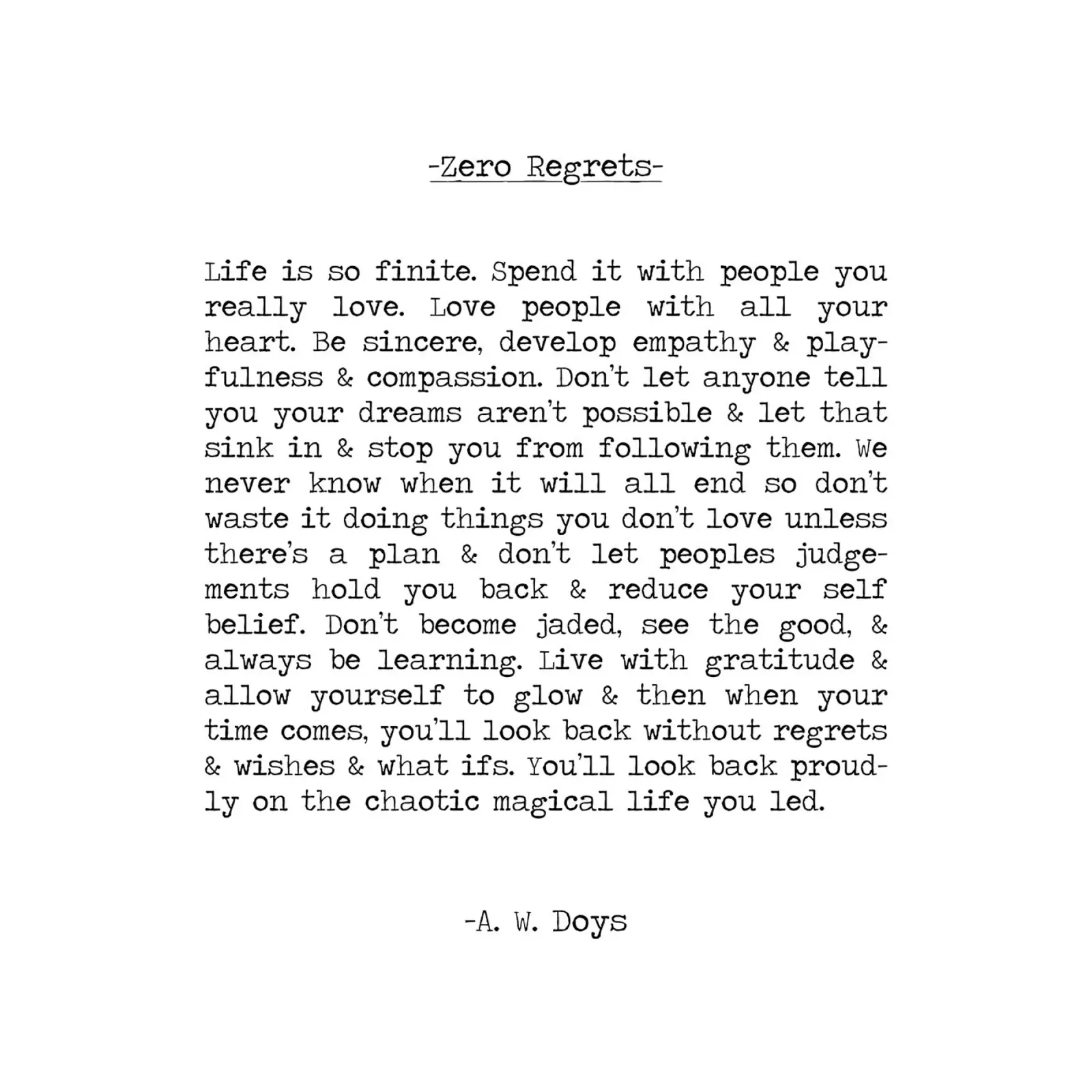 Zero Regrets - A. W. Doys Quote pellicola backlit da Summer Soul Co. - Quotes