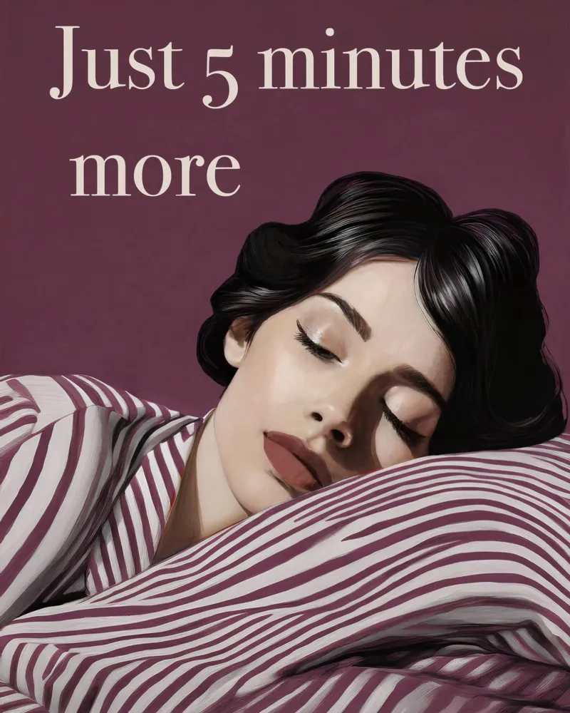 Just 5 minutes more sleeping woman poster with plastic frame by Take Your Art BV
