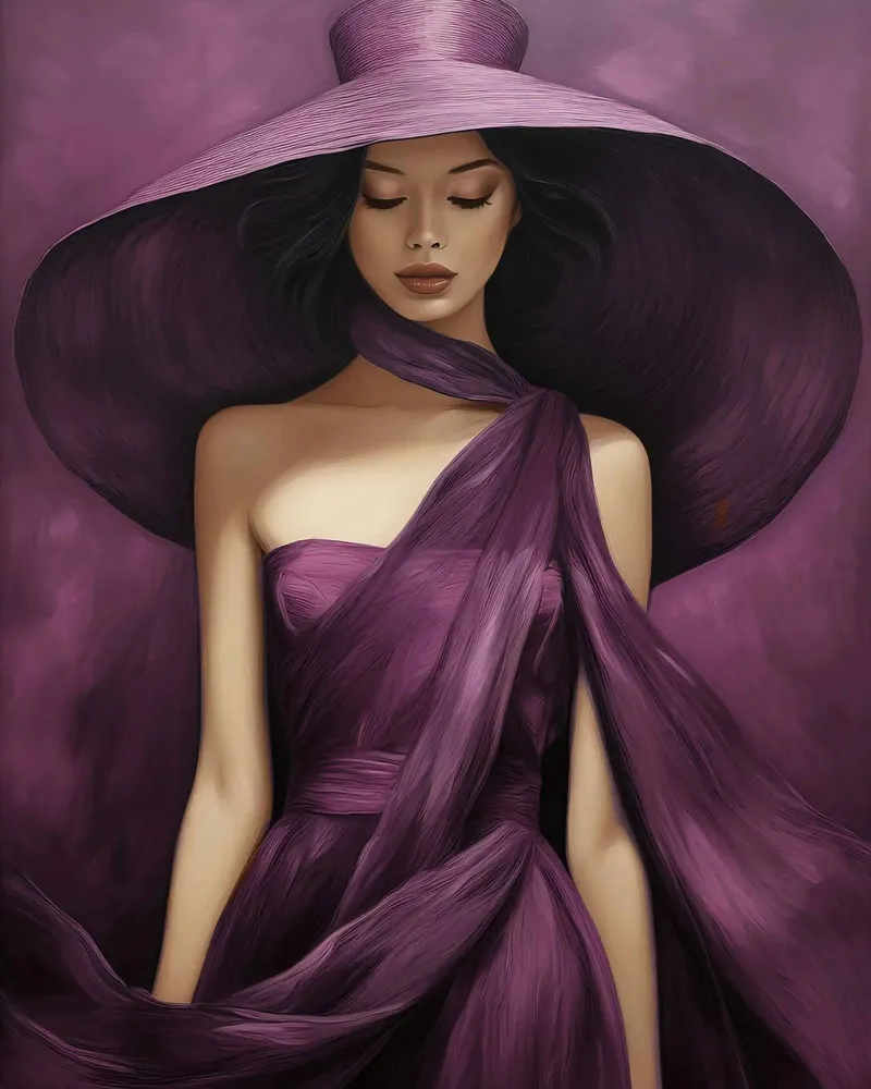 Ritratto di moda donna con grande cappello in colore viola basilico plexiglass da Take Your Art BV