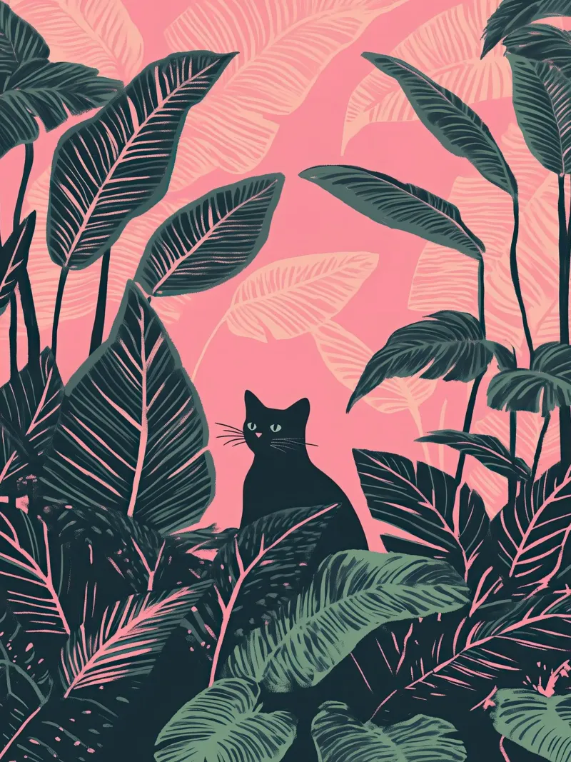 Gatto nero nella giungla di Calathea rosa e verde pellicola backlit da Autofocus