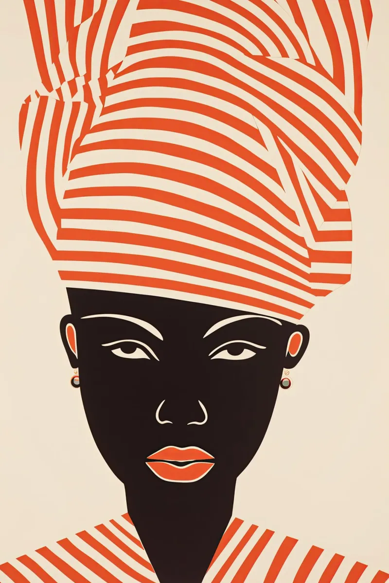 Donna africana con turbante a strisce rosse | Line art poster con telaio in plastica da Autofocus