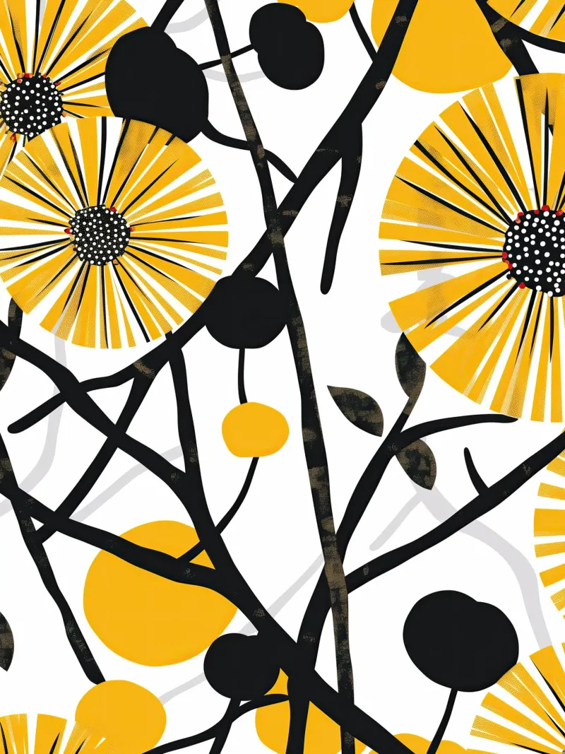 Japandi motivo floreale Ikebana in giallo e nero pellicola backlit da Autofocus