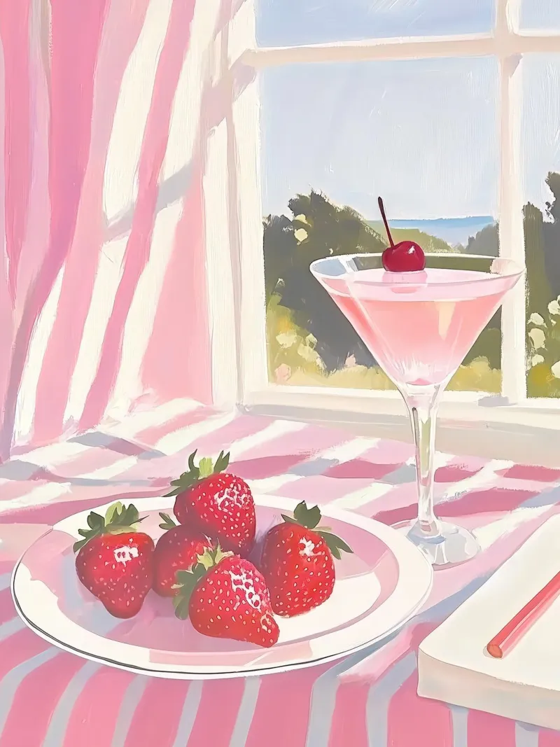 Bevanda alla fragola e ciliegia Cocktail Martini rosa Preppy Y2K poster con telaio in plastica da Gentle Echoes Art