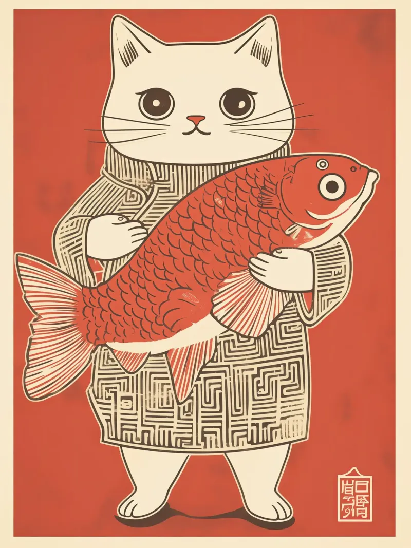 Gatto giapponese di successo con Koi | Stile Ukiyo-e giapponese poster con telaio in alluminio da Autofocus