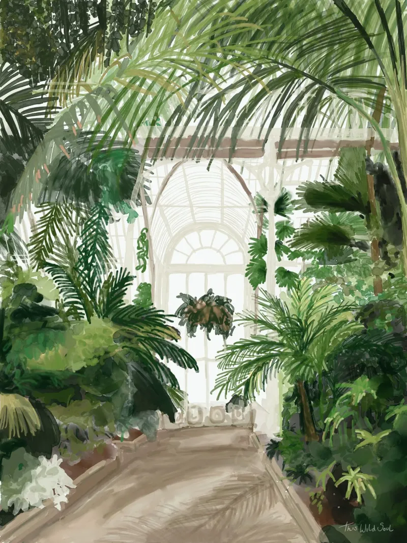Kew Botanical Gardens Tropische Palm Kas Illustratie canvas met Baklijst van This Wild Soul - Illustration
