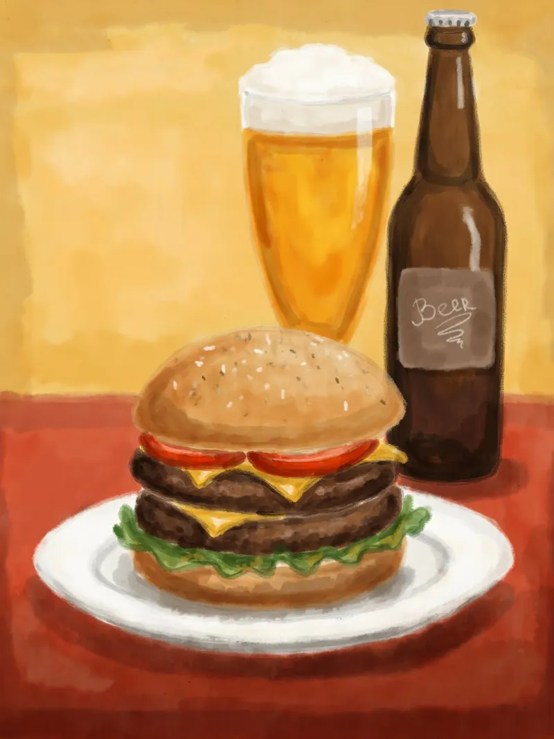 Hamburger e birra pellicola backlit da Indigo Rain