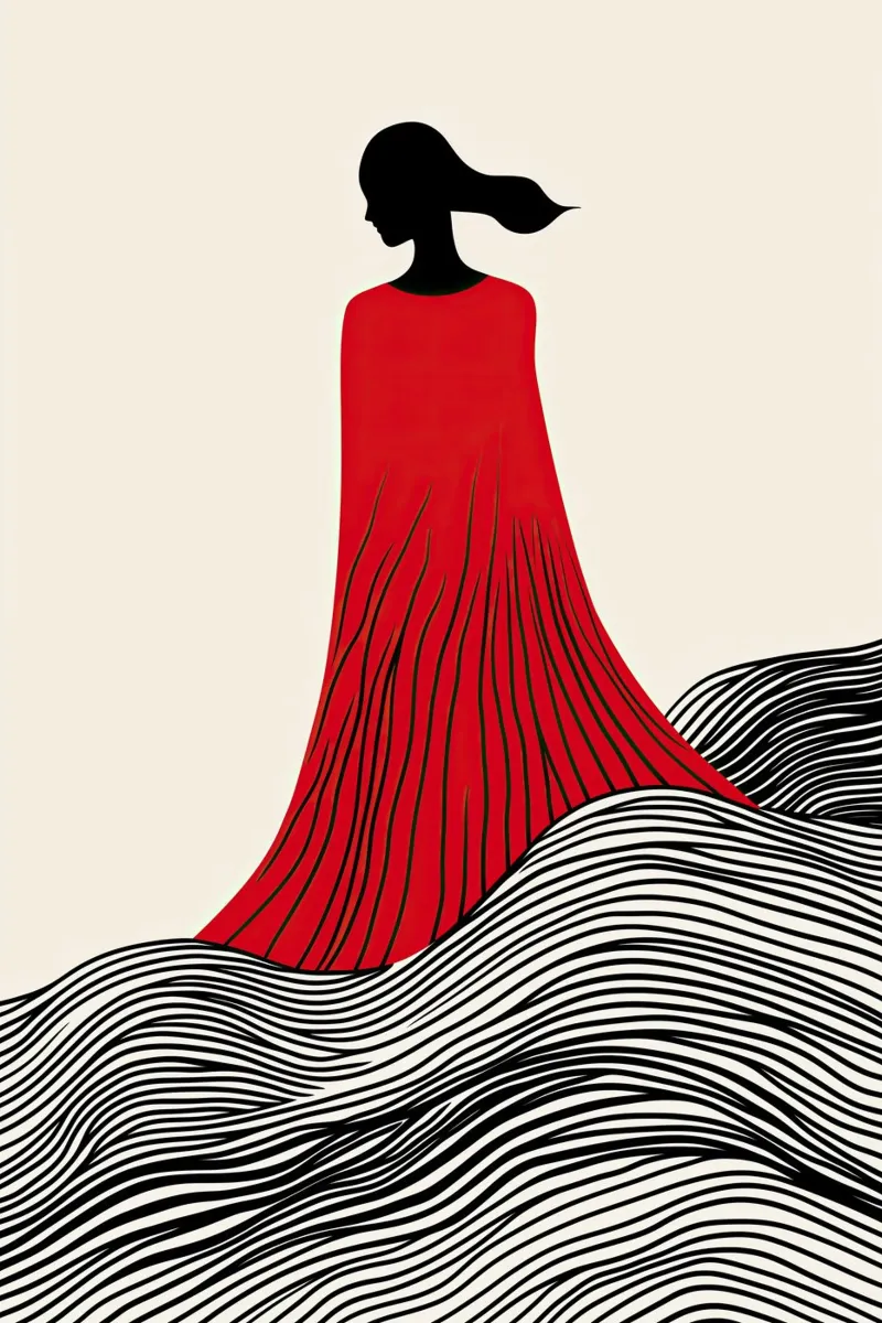 Bambina ondeggiante in abito rosso | Line art alluminio dibond da Autofocus