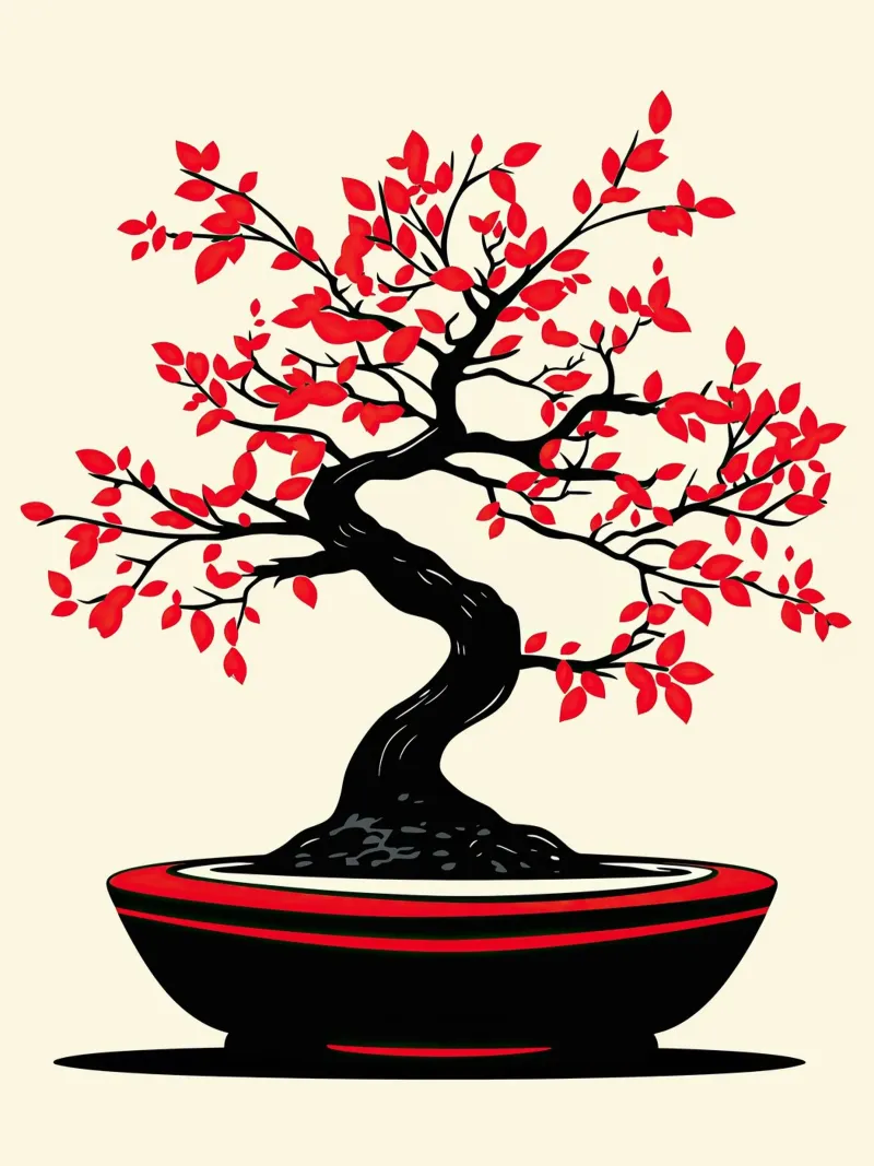 Bonsai Japandi decorativo in nero e rosso pellicola backlit da Autofocus