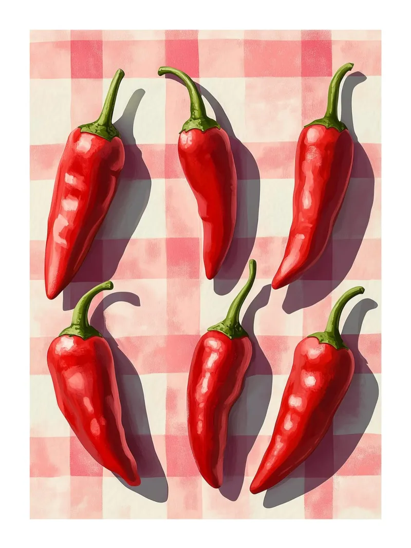 Red peppers on a checked background canvas with Floater frame by Spice & Style