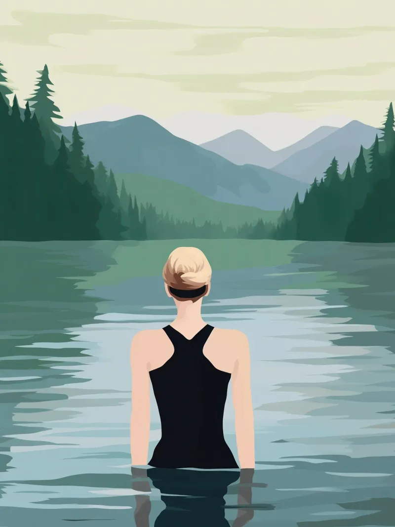 Woman bathing in a mountain lake | Outdoor Painting poster with wooden frame by Autofocus