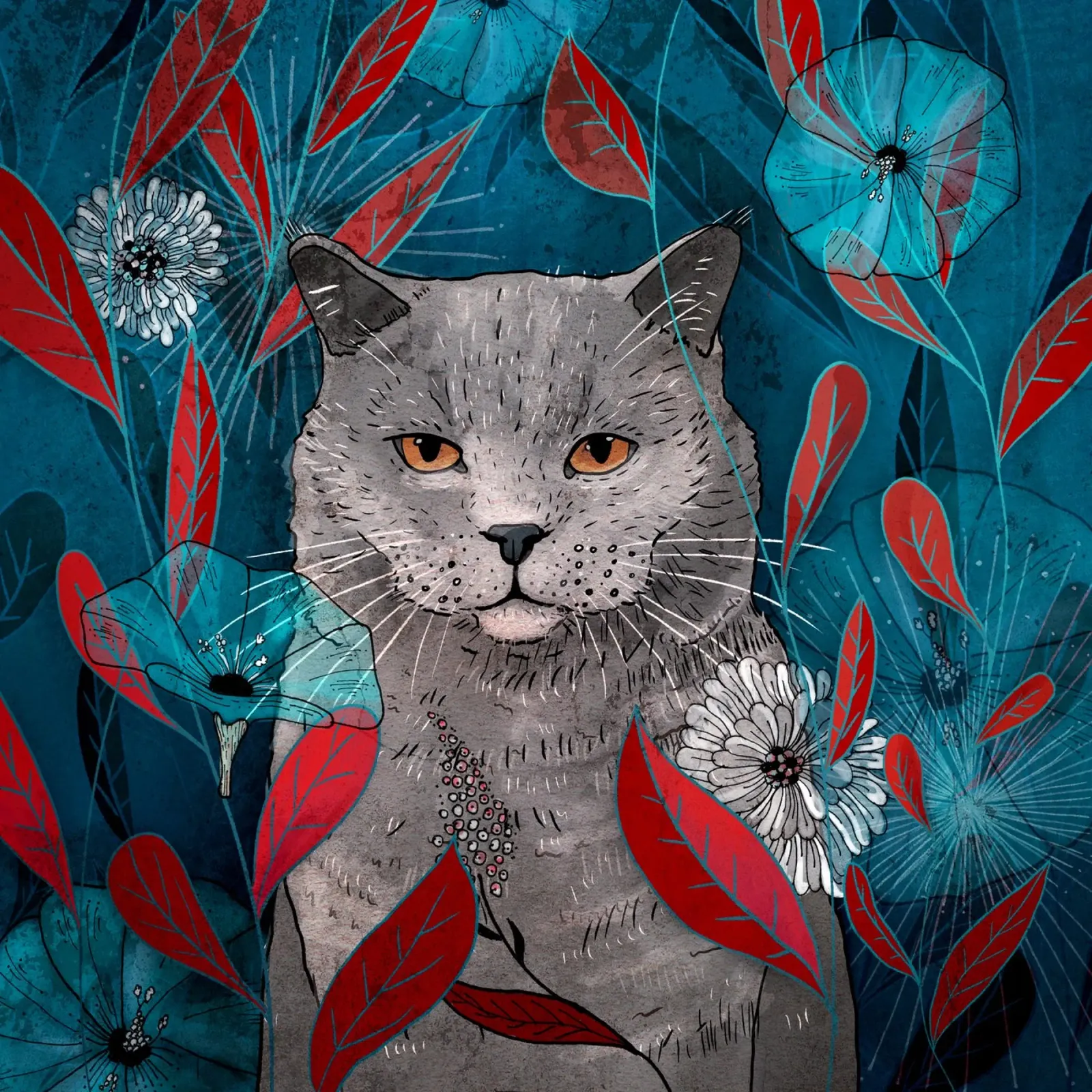 Cat with blue flowers and red leaves canvas by AnimalArt