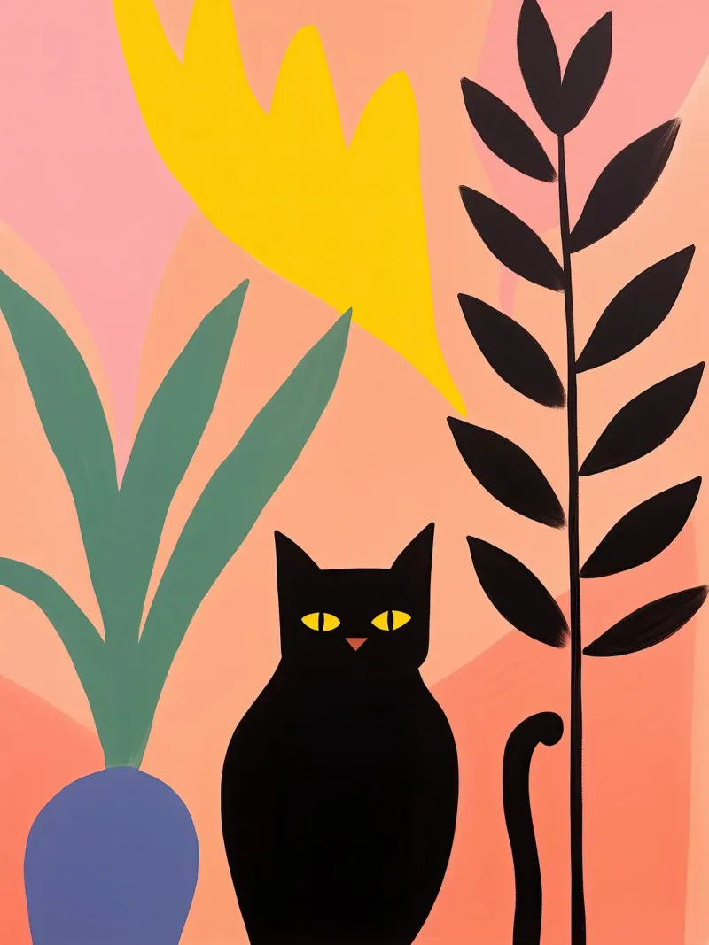 Black cat among the houseplants | Pastel painting poster with plastic frame by Autofocus