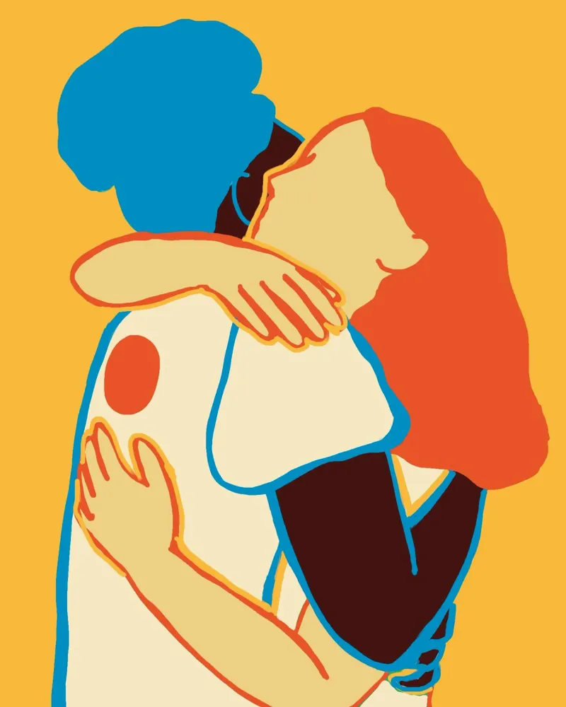 The colorful hug of two women hahnemühle by tainah negreiros