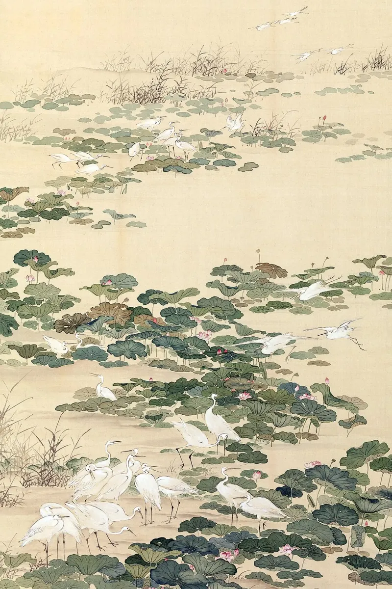 Egrets in a Lotus Pond alluminio dibond da apoloprints