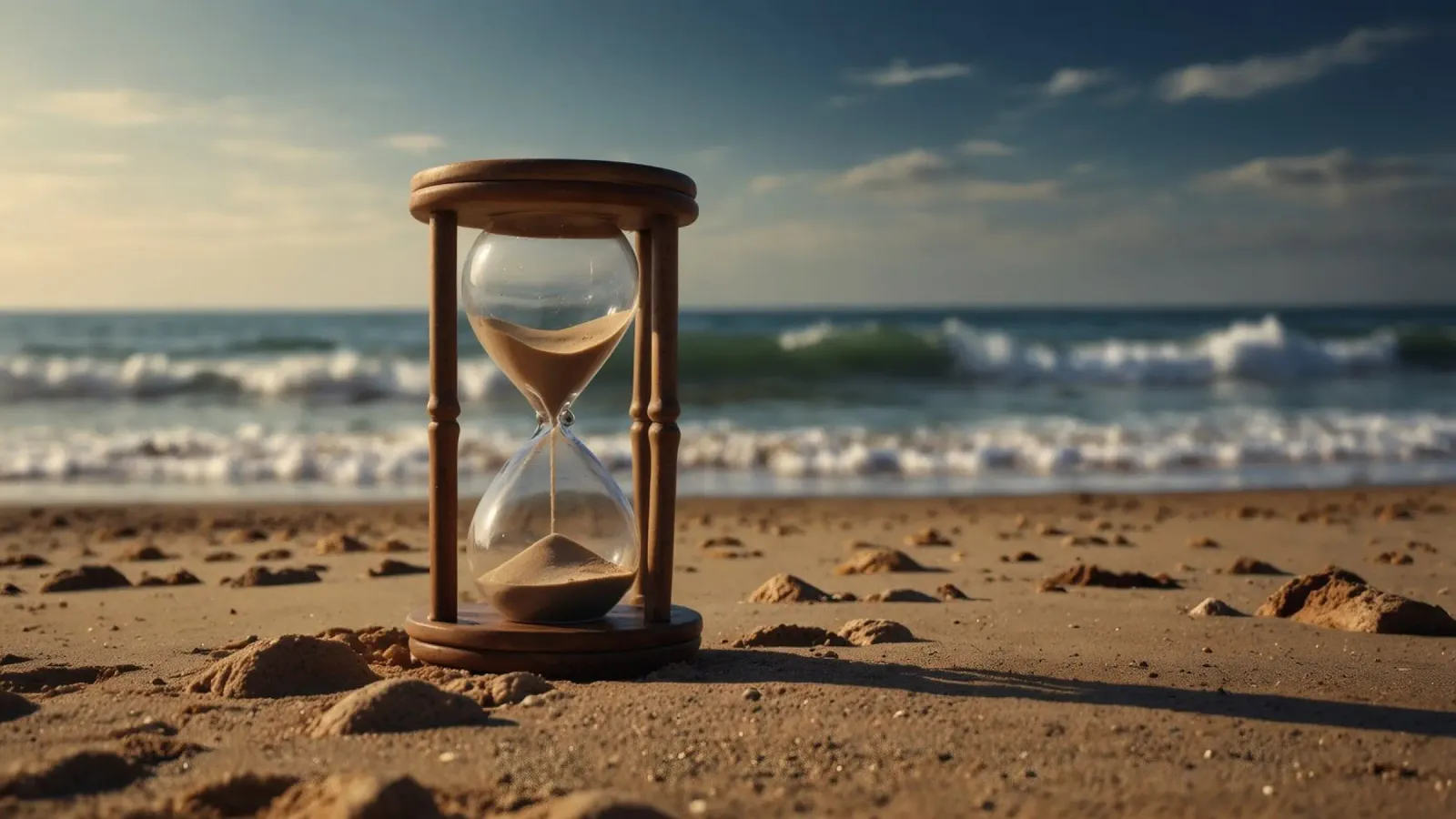 Timer di sabbia posato delicatamente su una spiaggia mentre le onde si infrangono dolcemente pellicola backlit da DesignDoodle
