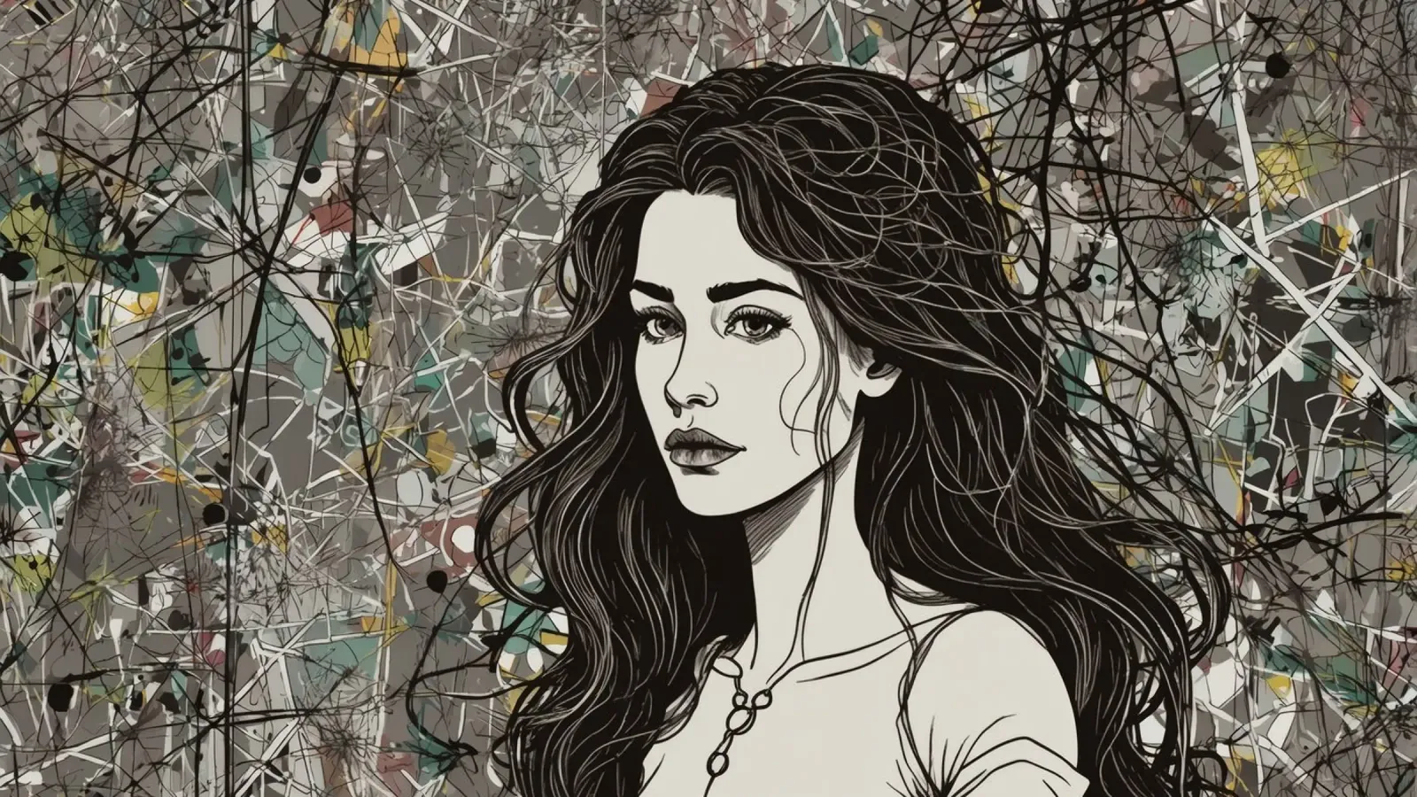 Portrait d'une femme entourée d'éléments d'art abstrait dépi hahnemühle de DesignDoodle