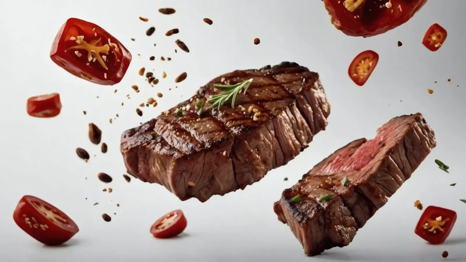 Sizzling steak and fresh tomatoes create canvas by DesignDoodle