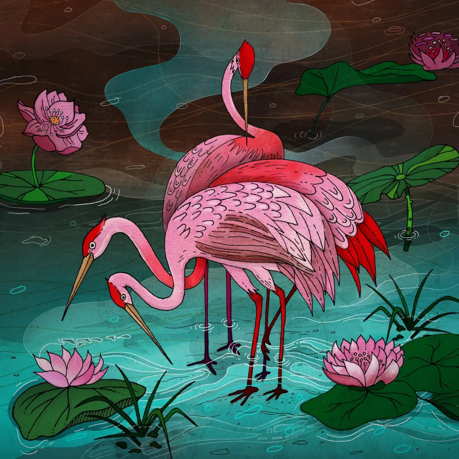Tre uccelli rosa si trovano nell'acqua con le ninfee carta hahnemühle da AnimalArt