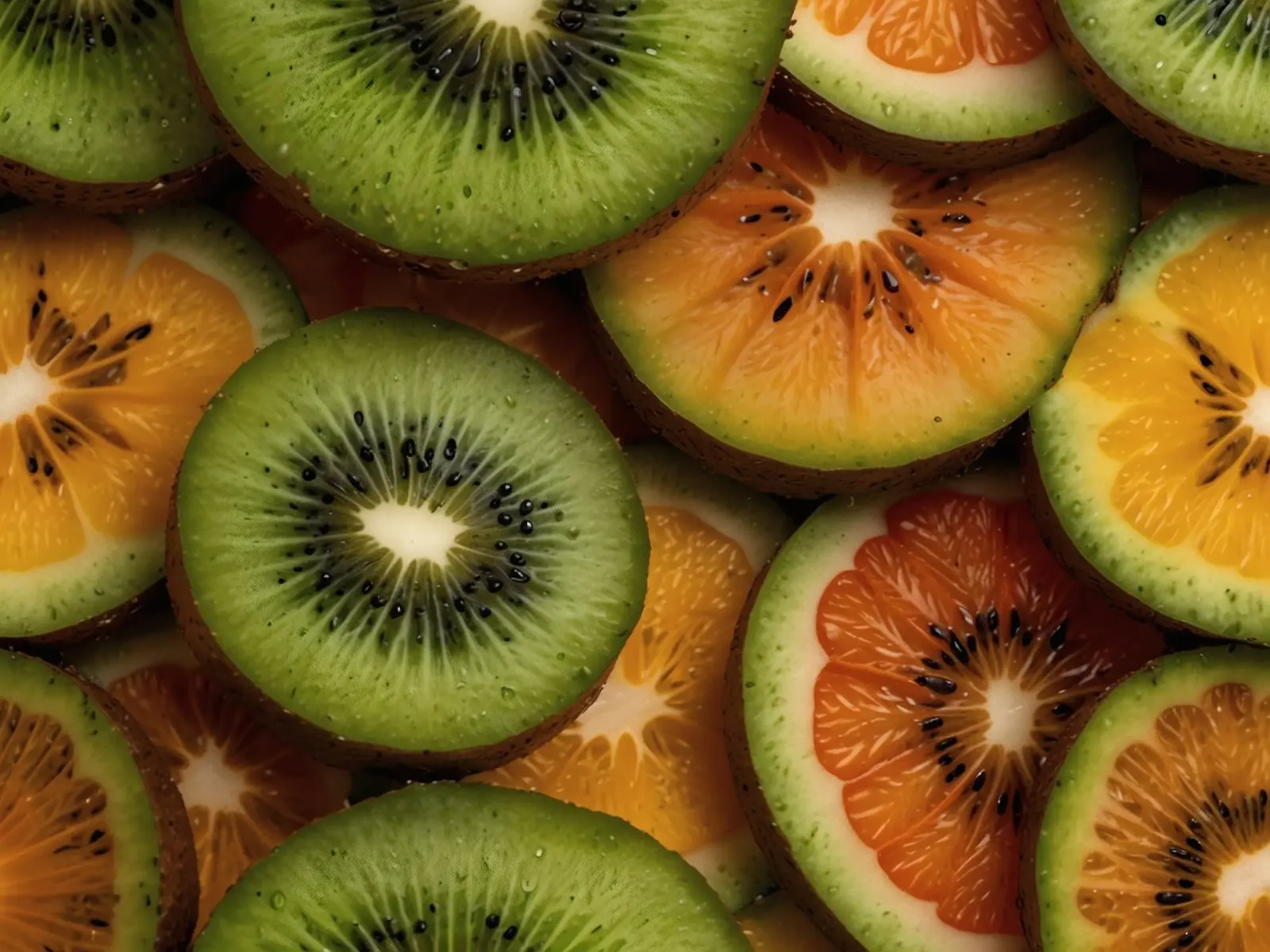 Assortimento variopinto di agrumi freschi e fette di kiwi disposte alluminio dibond da DesignDoodle