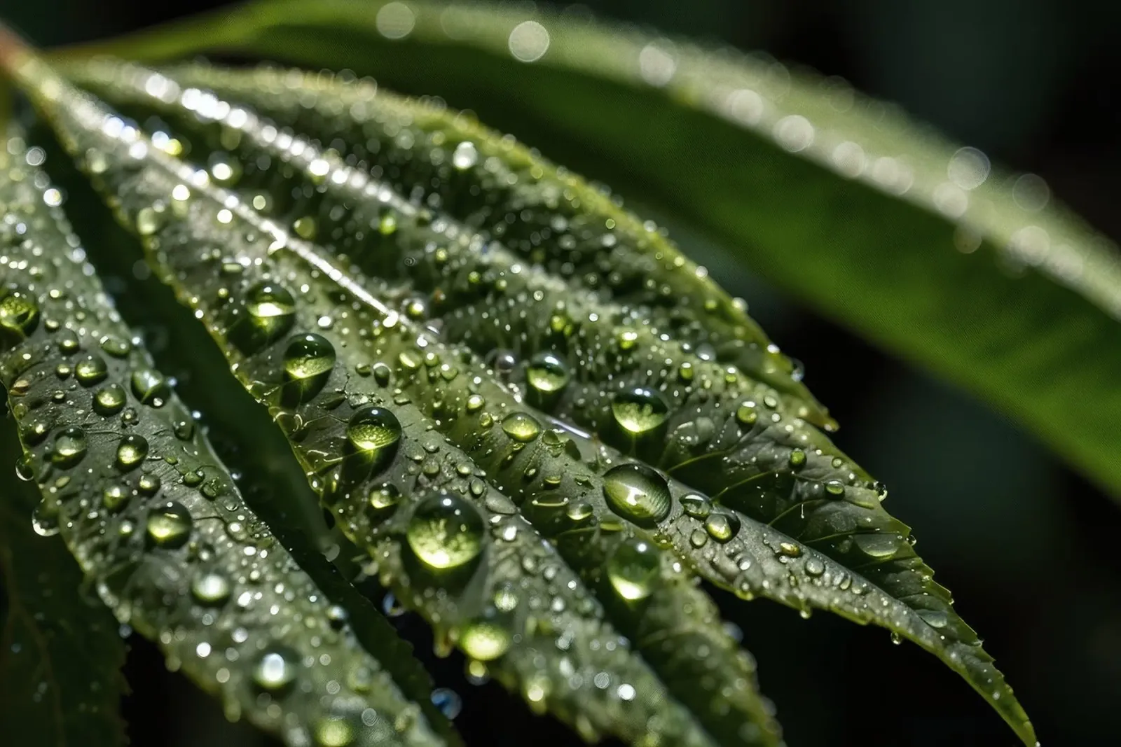 Primer plano de hojas de un verde intenso cubiertas de gotas de rocío lámina retroiluminada de DesignDoodle