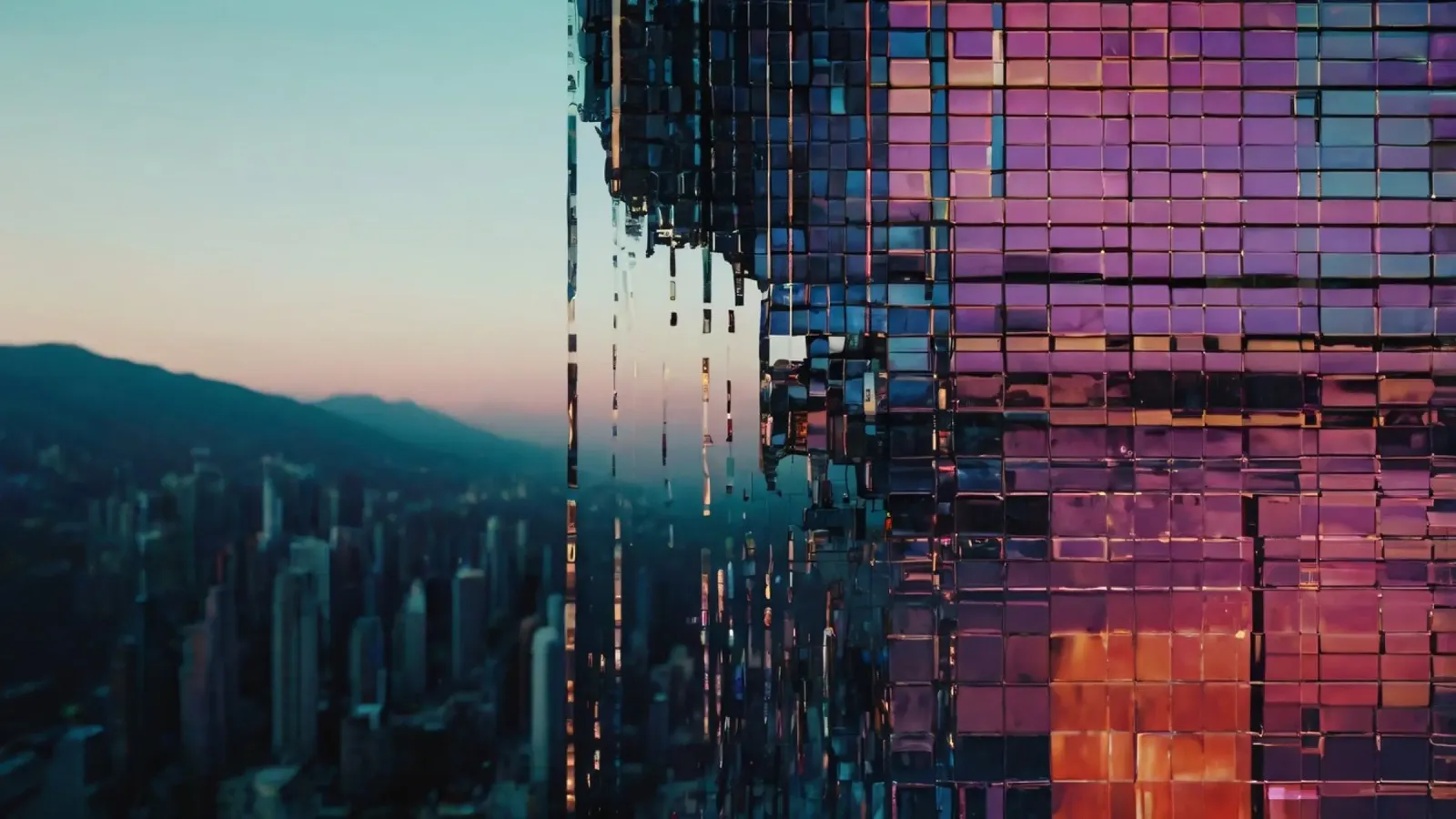 An artistic structure reflecting the cityscape at sunset poster by DesignDoodle