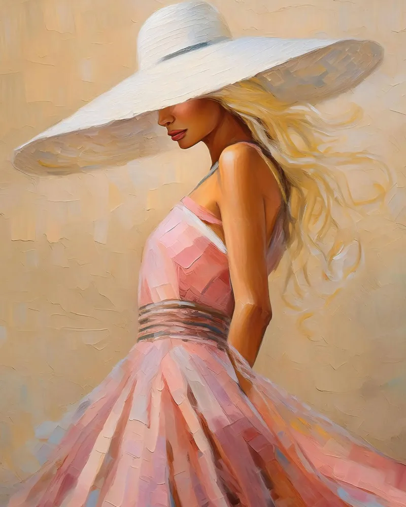 Donna in abito rosa con cappello bianco pellicola backlit da Take Your Art BV