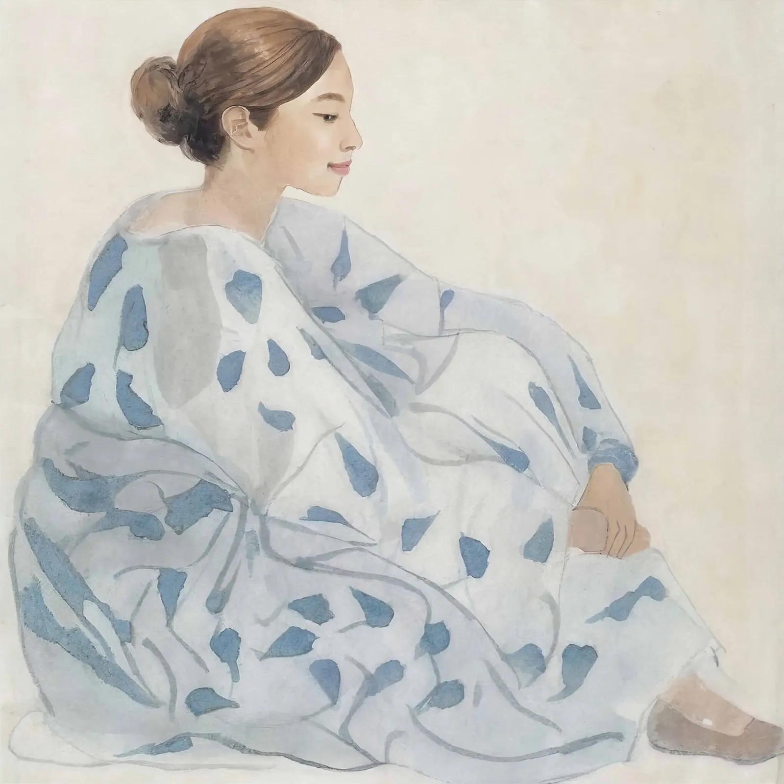 Frau in blauem Kleid sitzend Hahnemühle von Take Your Art BV
