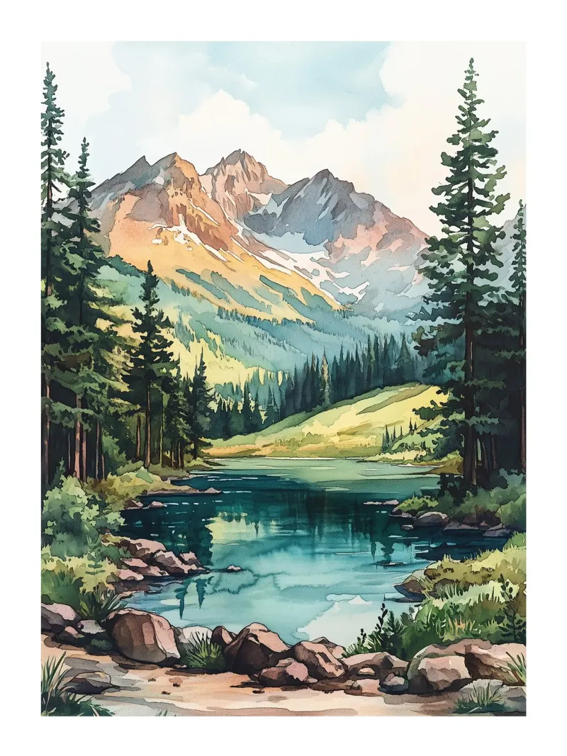 Sereno lago di montagna poster con telaio in legno da Shores & Skies