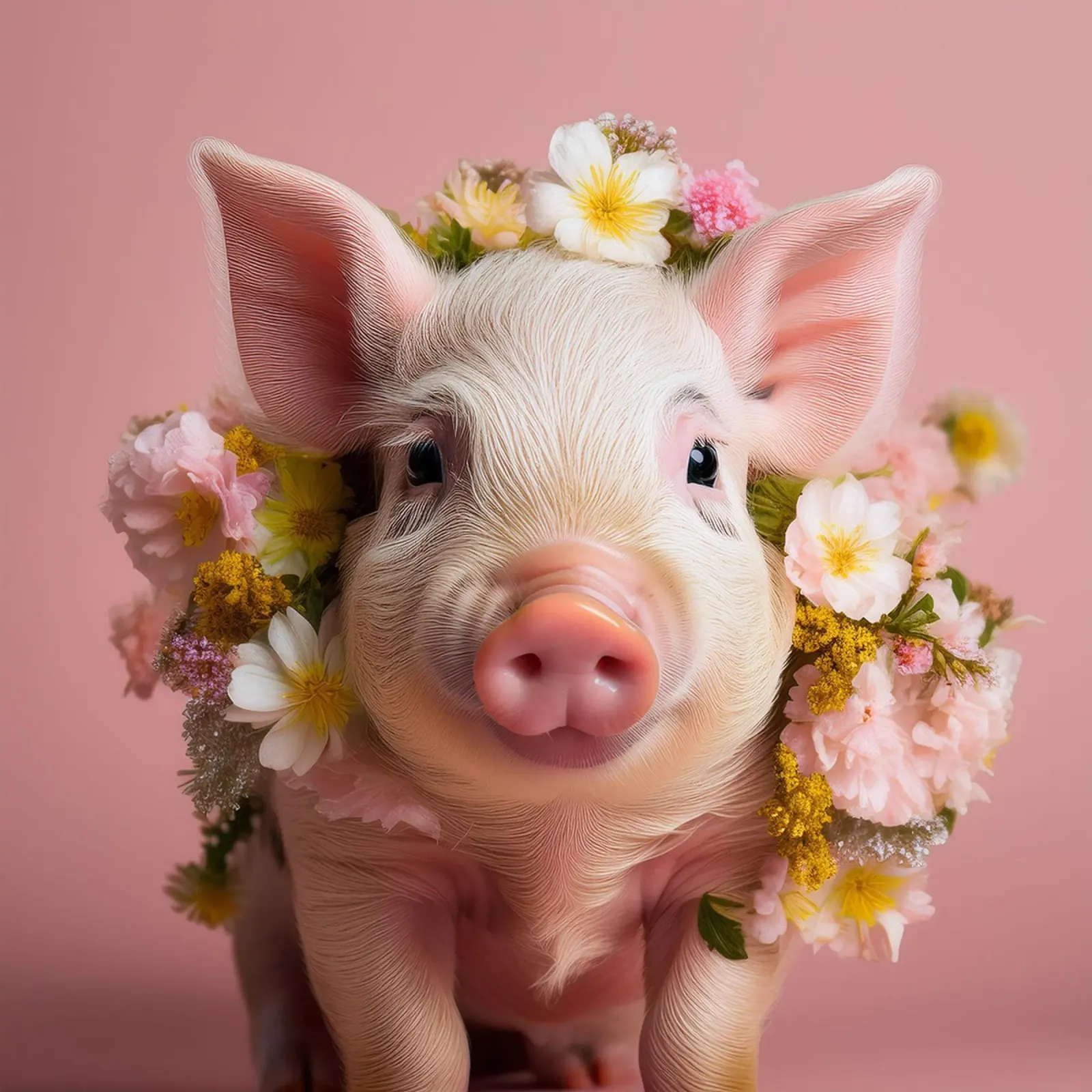 Cochon enjoué avec une couronne de fleurs Œuvre d'art dans les tons pastel hahnemühle de FlexiDesignsByK