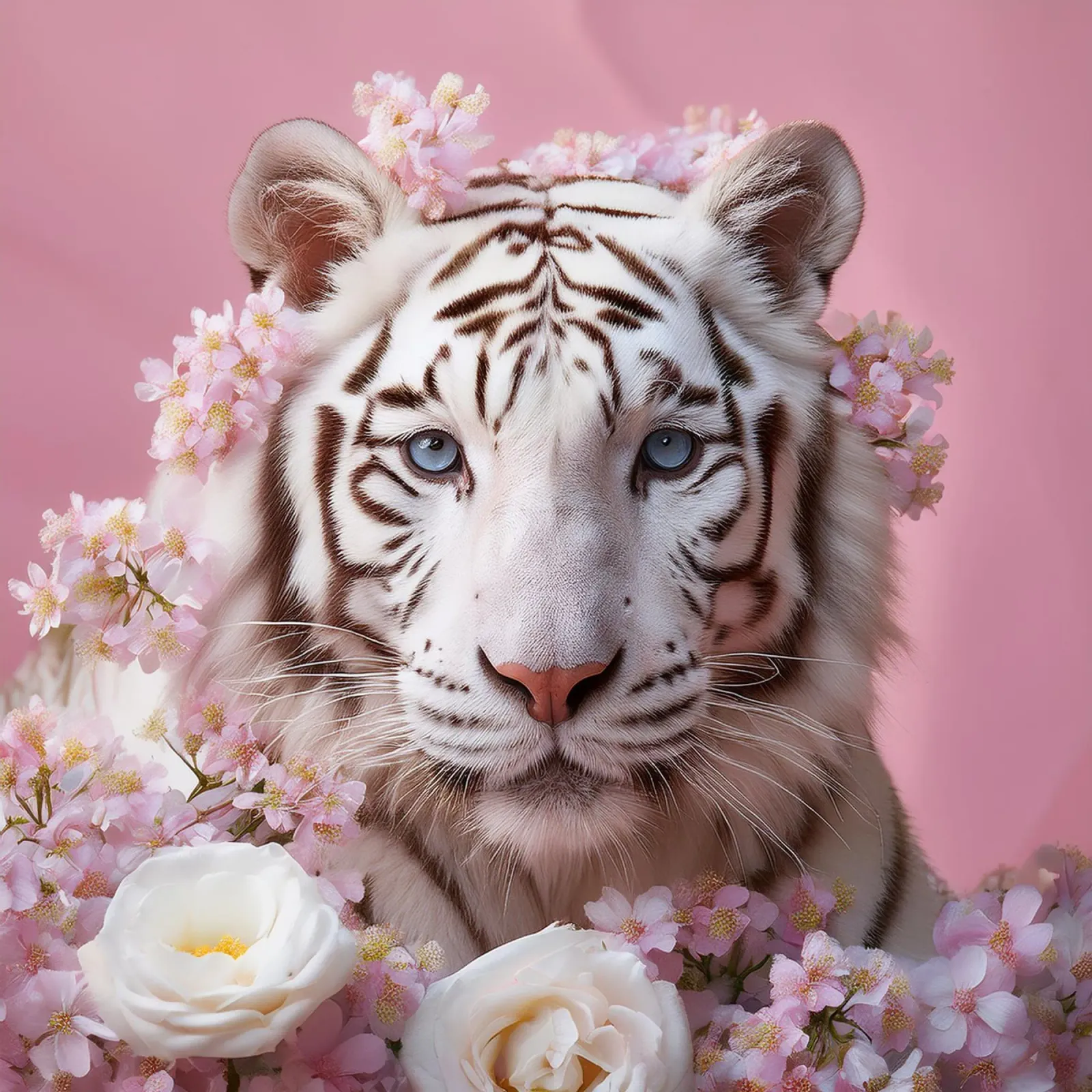Tigre blanc majestueux avec impression d'accents floraux florissants poster de FlexiDesignsByK