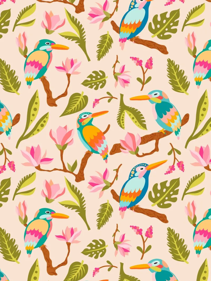 Kingfishers and magnolia patterns in pastel colours canvas by CoelfenArt