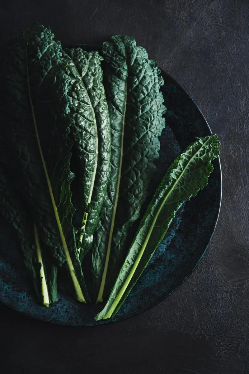 Foglie di cavolo riccio su un piatto di colore scuro carta hahnemühle da foodphotolove