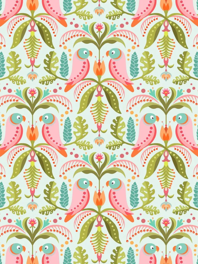 Tropical pattern with parrots and monstera leaves alu-dibond by CoelfenArt