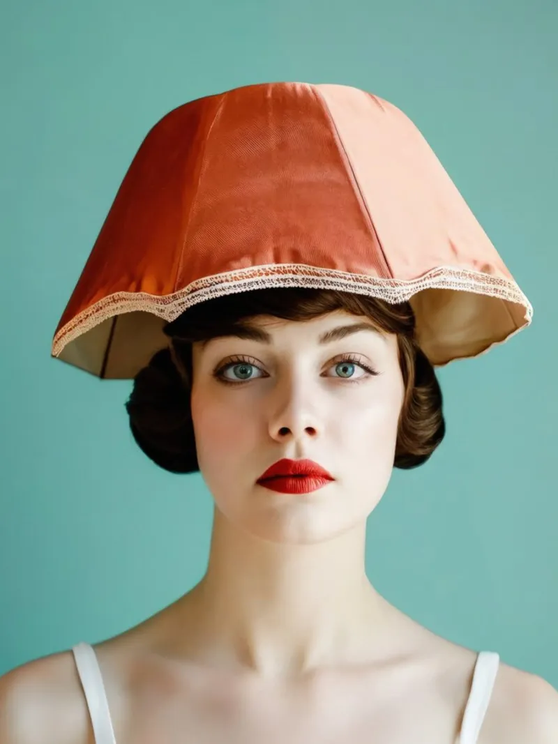 Portrait of a Woman Wearing a Vintage Lampshade Hat alu-dibond by Lisa Artifexia