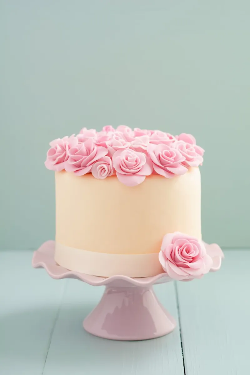 Torta elegante con rose di zucchero rosa poster con telaio in plastica da foodphotolove