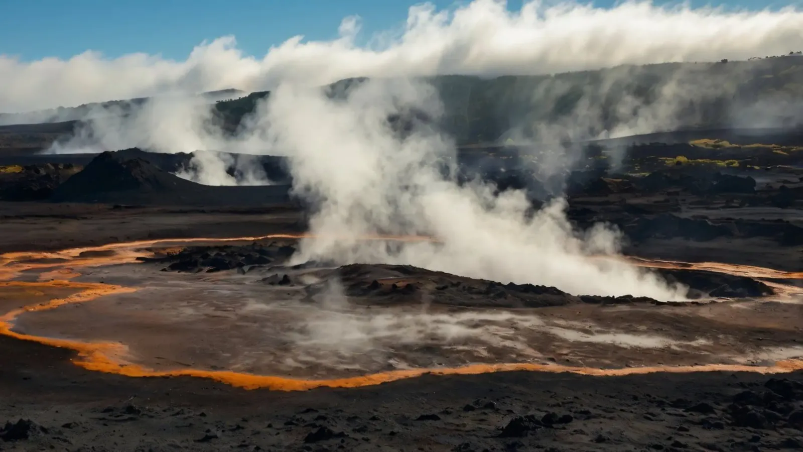 Active geothermal area with steam vents and colorful mineral canvas by DesignDoodle