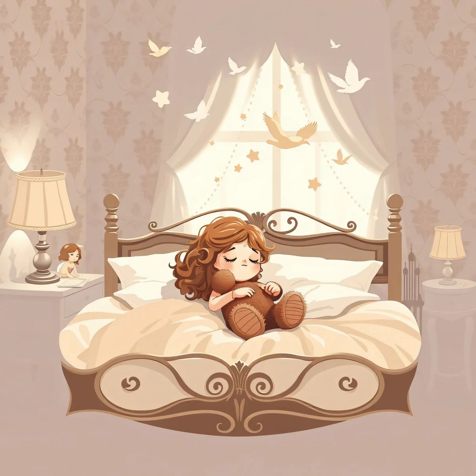 Una giovane ragazza dorme serenamente in un'accogliente camera da letto pellicola backlit da DesignDoodle