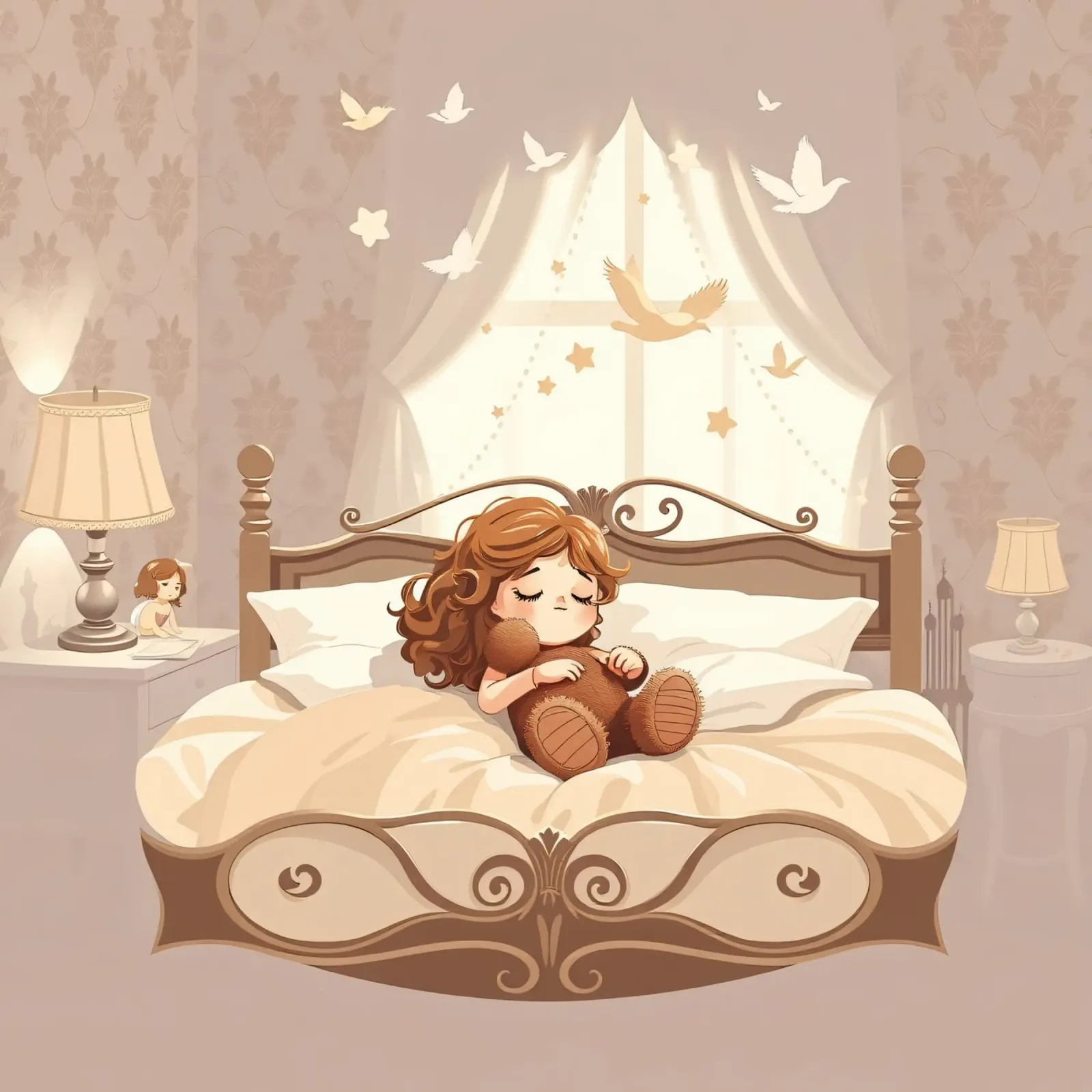 Una giovane ragazza dorme serenamente in un'accogliente camera da letto pellicola backlit da DesignDoodle