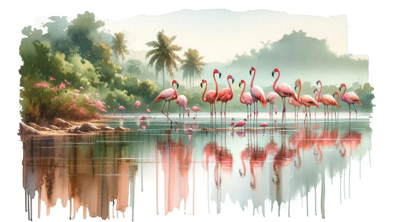 Reflets matinaux des flamants roses poster de Chromatic Fusion Studio