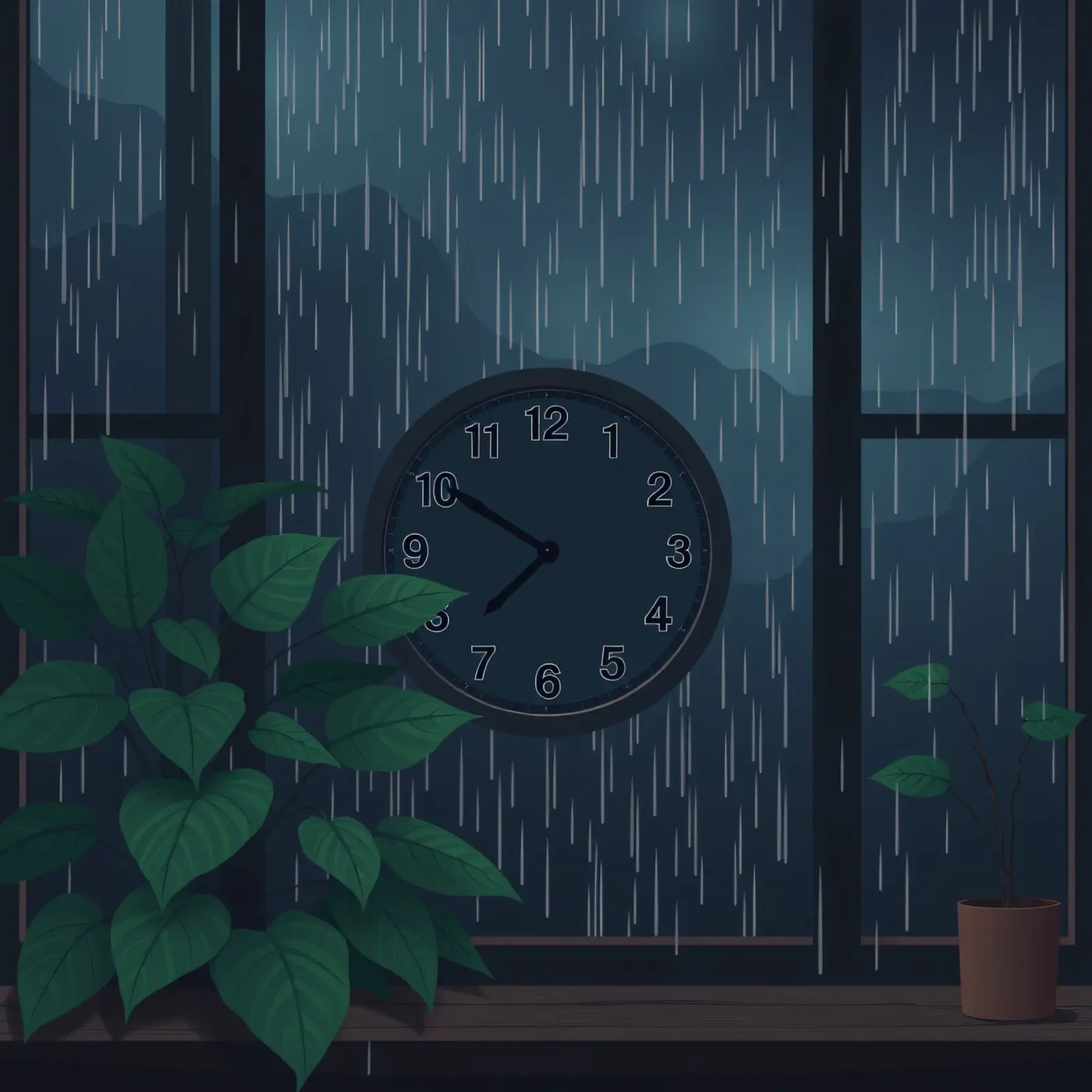 Vue d'une soirée pluvieuse depuis une chambre confortable avec une horloge et une plante poster avec cadre en bois de DesignDoodle
